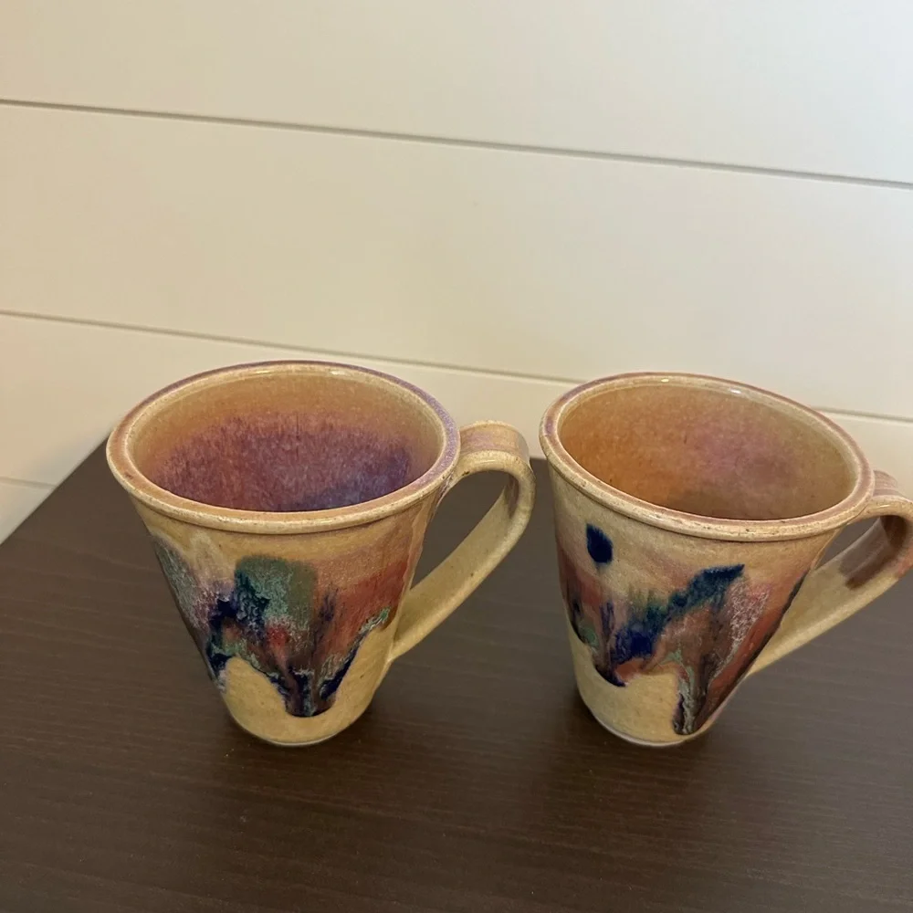 Signed Studio Pottery Mug Set Drip Glaze Stoneware Coffee Cups Artisan Pair